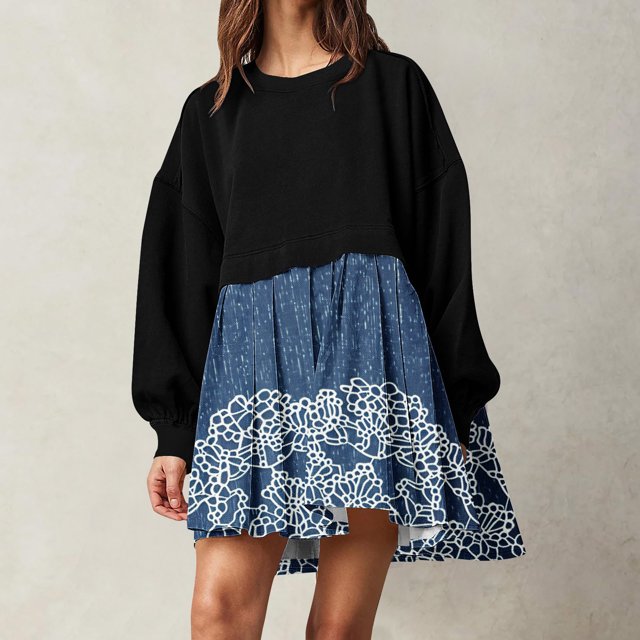Qiopertar Vente de Liquidation Robe Sweat-Shirt à Manches Longues en Denim Imprimé Col Rond Patchwork pour Femmes Offres de la Semaine Moins de 5$