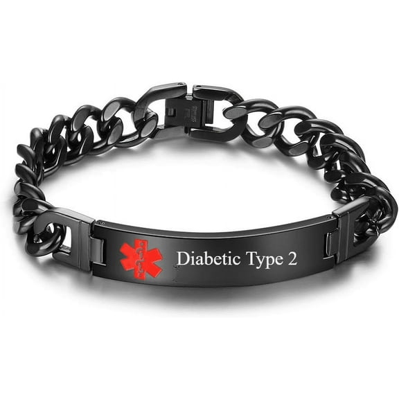 Vagzen Stainless Steel Medical Alert ID Bracelet for Men Women, Engraved Diabetic Type 2