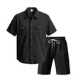 thumbnail image 6 of Cotton Men's Two Piece Sets Summer Lounge Sets Casual Short Sleeve Button Shirts and Elastic Waist Drawstring Shorts with Pockets Black S, 6 of 8