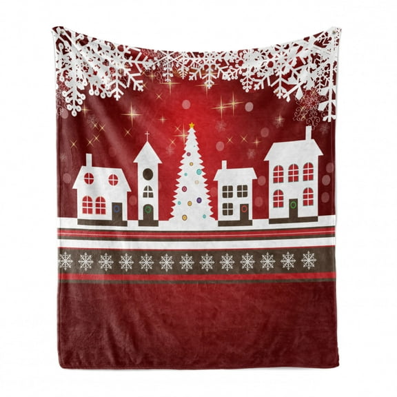 Christmas Soft Flannel Fleece Throw Blanket, Winter Holidays Theme Gingerbread House Trees and Snowflakes Artwork Print, Cozy Plush for Indoor and Outdoor Use, 50" x 60", White Red, by Ambesonne