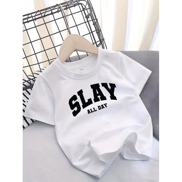 Camiseta informal de algodón para niña con estampado "SLAY ALL DAY", cuello redondo, ligeramente elástica, top de punto de verano, 95 % algodón, 5 % elastano, corte estándar