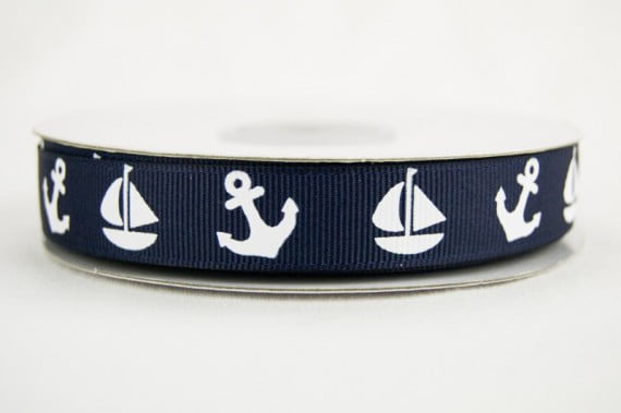 5 Yds Navy & White Anchor 5/8" Grosgrain Ribbon