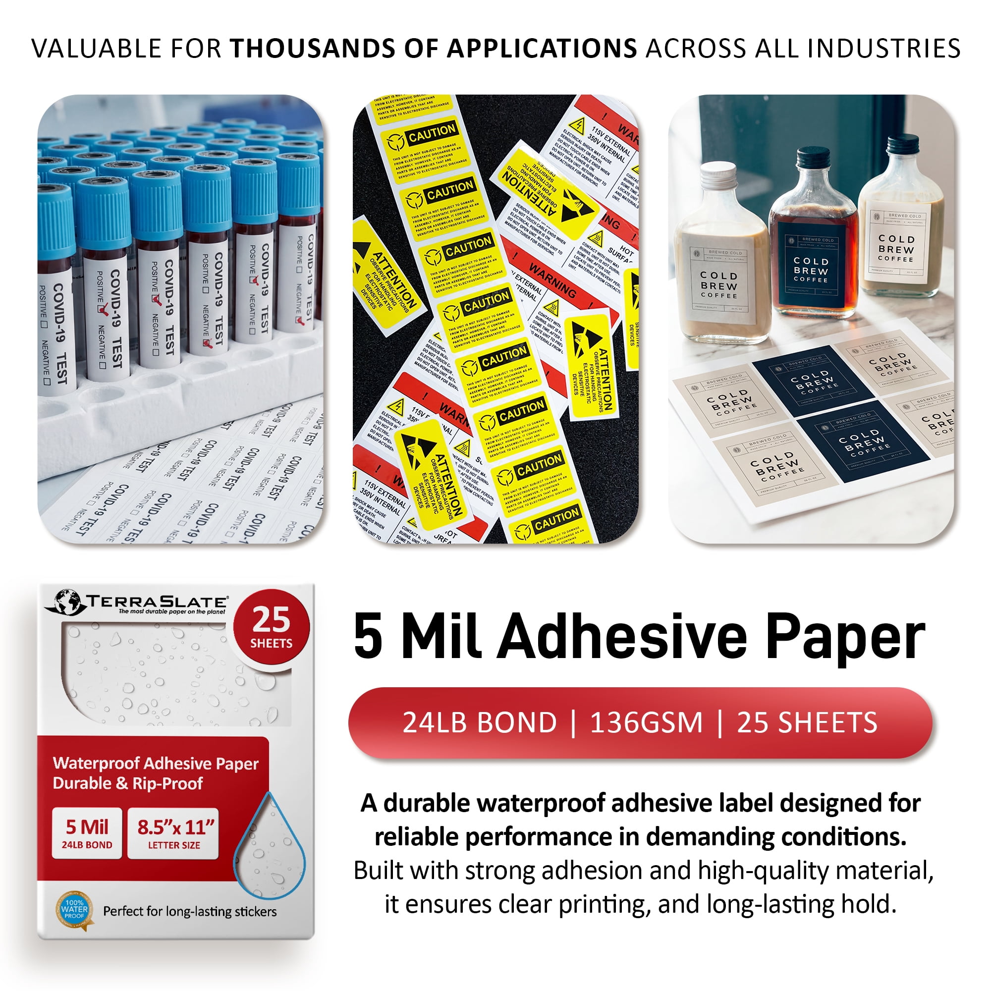 TerraSlate Waterproof Sticker Paper | 5 Mil Permanent Adhesive Labels | Printable Sticker Paper Laser Printer (Letter - 8.5" x 11", 25 Sheets)