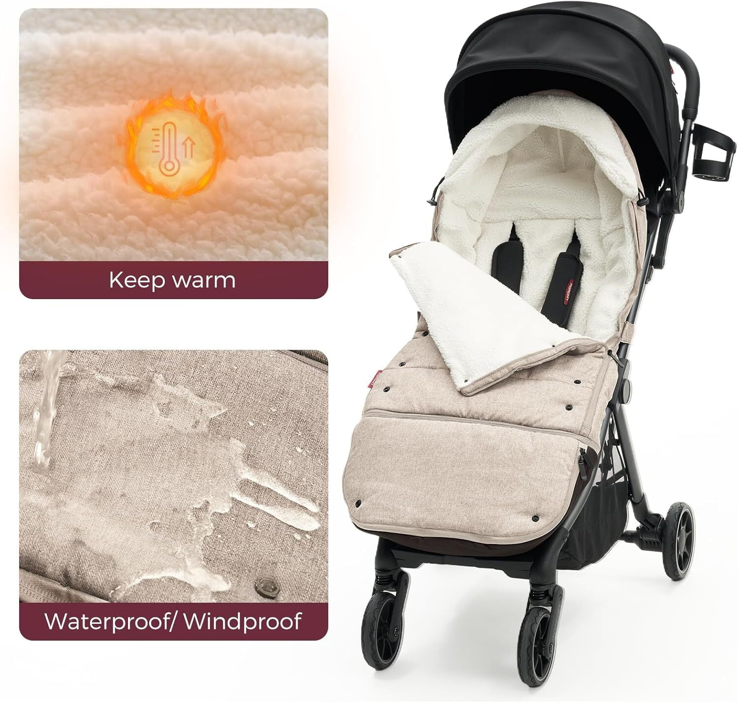 Momcozy Stroller Footmuff Universal | Easily Attaches to Most Strollers | Ultra-Plush,Weather-Proof | Deluxe Warm Stroller Bunting Bag | Extendable Stroller Cover for Winter | Adjustable Buckle,Khaki