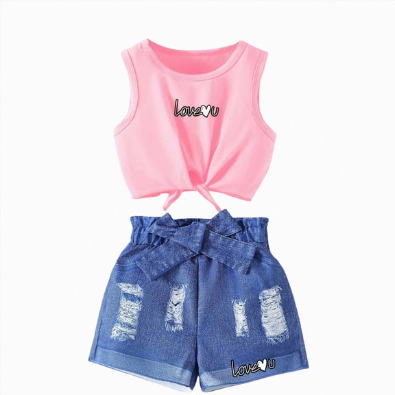 NOLDARES Toddler Baby Girl Clothes Summer Outfits 2 Piece Sleeveless Tie Knot Tank Top and Ruffle Hem Shorts Set(Pink,5-6 Y)