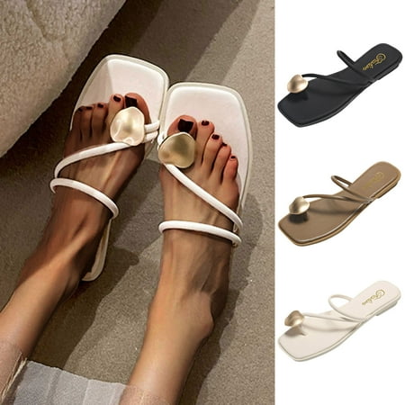 Cethrio Sandals for Women Flats Shoes- on Clearance Flat Slides Sandal Strap Square Toe Buckle Clip-Toe Wide Width Black Dressy Sandals/ Slides Size 8.5