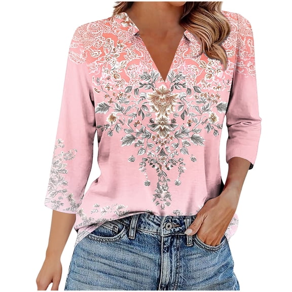 Jsaierl Women's 3/4 Length Sleeve Tops Plus Size V Neck Shirts Cute Graphic Petite Blouses Work Holiday T-shirts Top S-2XL