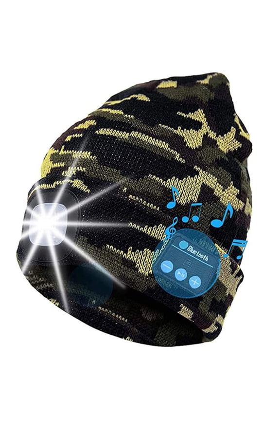 LED Beanie Bluetooth Hat Built-in Stereo Speakers & Mic Hands-Free Hat Lights USB Rechargeable LED Headlamp Winter Knit Cap for Men Women, Camo Army Green