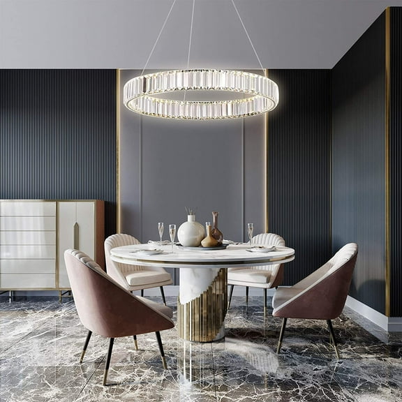 FETCOI Crystal Ring LED Pendant Light Chrome Finish Adjustable Chandelier