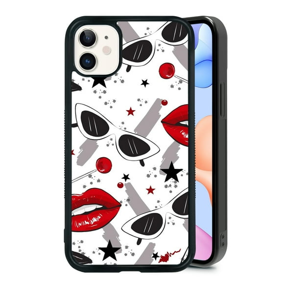Fashion Eyes Red Lips for iPhone 11 Case, Cute Aesthetic Puzzle Design Shock-Absorbent Protective,Black