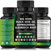 Organic Sea Moss Capsules with Irish Sea Moss 3000mg, Black Seed Oil 2000mg, Ashwagandha 1000mg, Bladderwrack 1000mg, Burdock Root 1000mg, Multimineral & Multivitamin All-in-1 Supplement