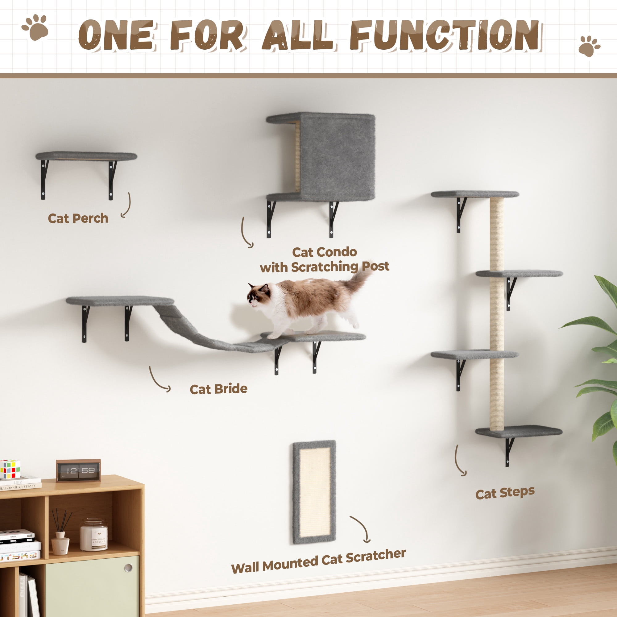 COZIWOW Wall Mounted Cat Furniture, Cat Wall Shelves and Perches, Floating Cat Shelves for Wall Set of 5, Grey