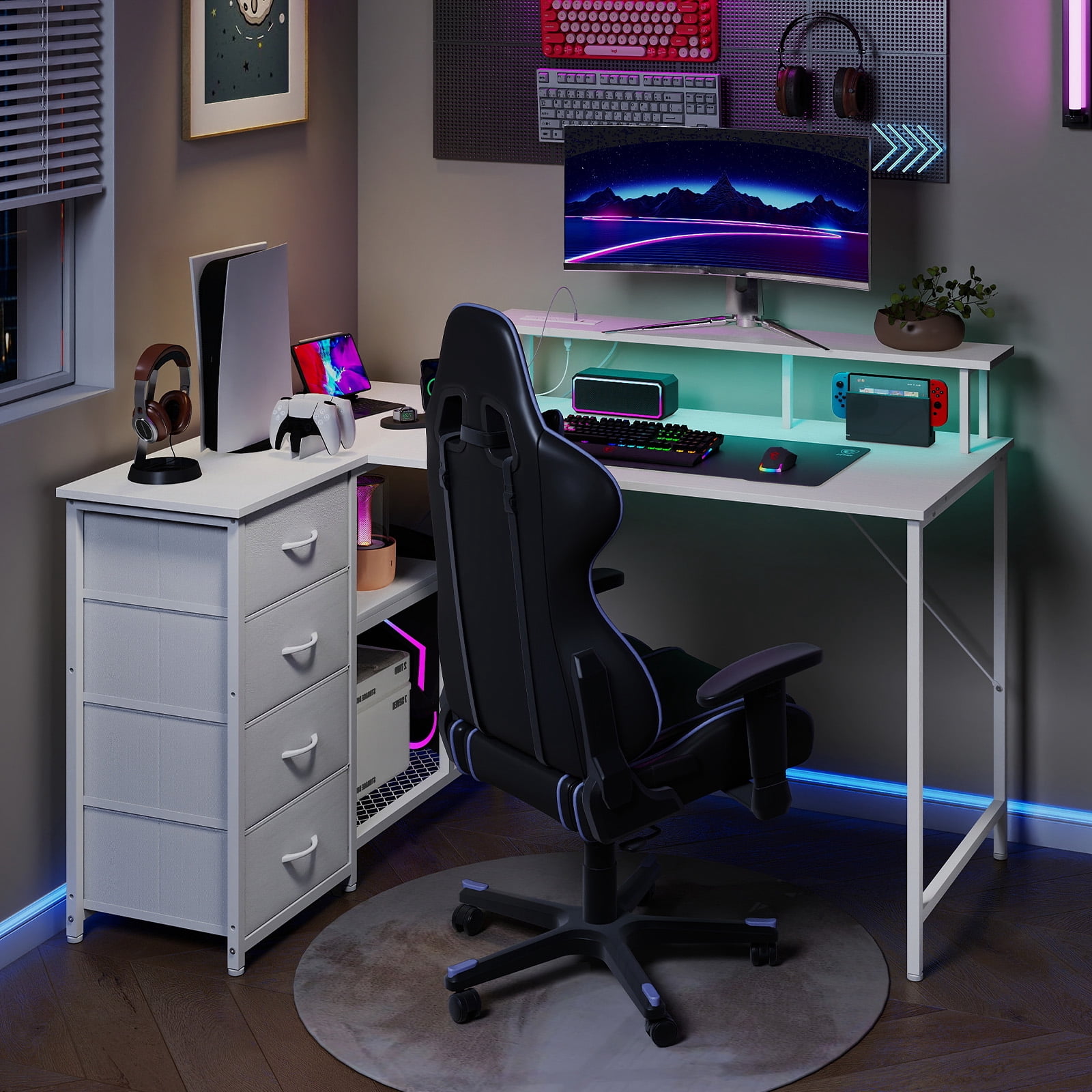 Eunos 53 inch L Shaped Gaming Desk with Power Outlets & LED Light, Computer Desk with 4 Tiers Drawers for Home Office, White