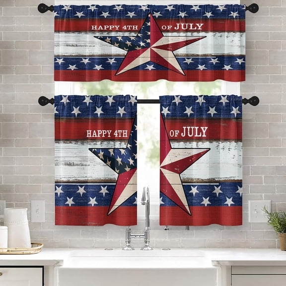 4th of July Kitchen Curtains Vintage Stars Window Curtains Valance and Tier Set 36 Inch, Patriotic Independence Day Rod Pocket Short Tier Curtain for Room, Rustic Small Cafe Kitchen Decor