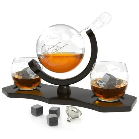 

Chef s Star Globe Decanter Set for Whiskey Cognac Wine Vodka Bourbon Glass Ship Decanter with Funnel 2 Globe Etched Glasses and Whiskey Stones Great Liquor Gift Set for Men 850ml (28 oz)