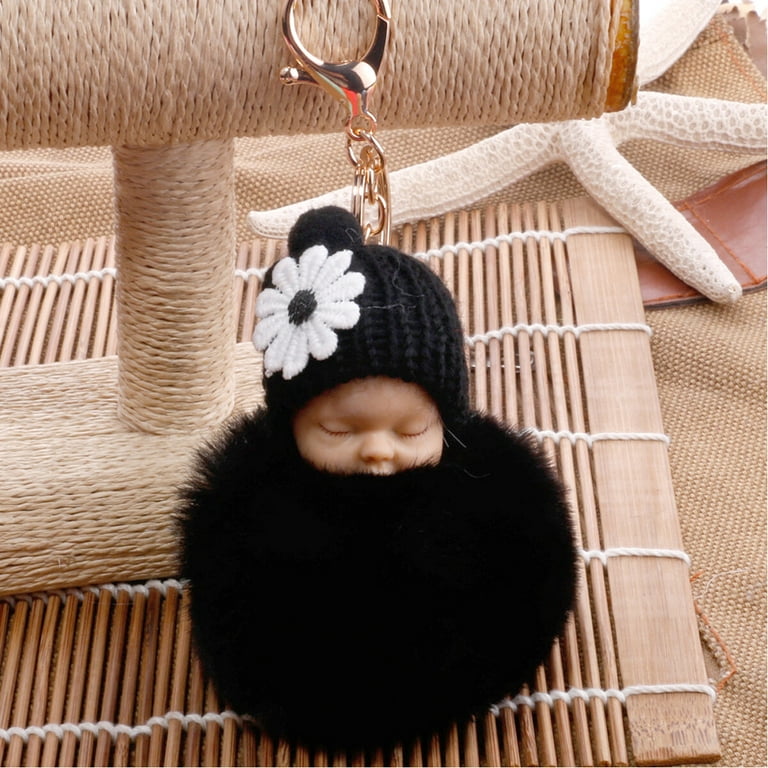 Queenbox Pom Pom Keyring Keychain, Cute Sleeping Baby Doll Fluffy 3/8cm  Key Ring for Hat Bag Backpack Decor Hanging Pendant