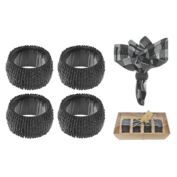Maison Concepts 4PC Beaded Napkin Ring With Craft Box Black (Black) 7.75" X 3.5" X 2.5"