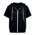 thumbnail image 5 of Girls Solid Loose Zip up Hooded Jacket Lightweight Short Sleeve Sweatshirt Jacket with Pockets, Casual Spring Fall Outerwear for Kids Black 140(140), 5 of 5