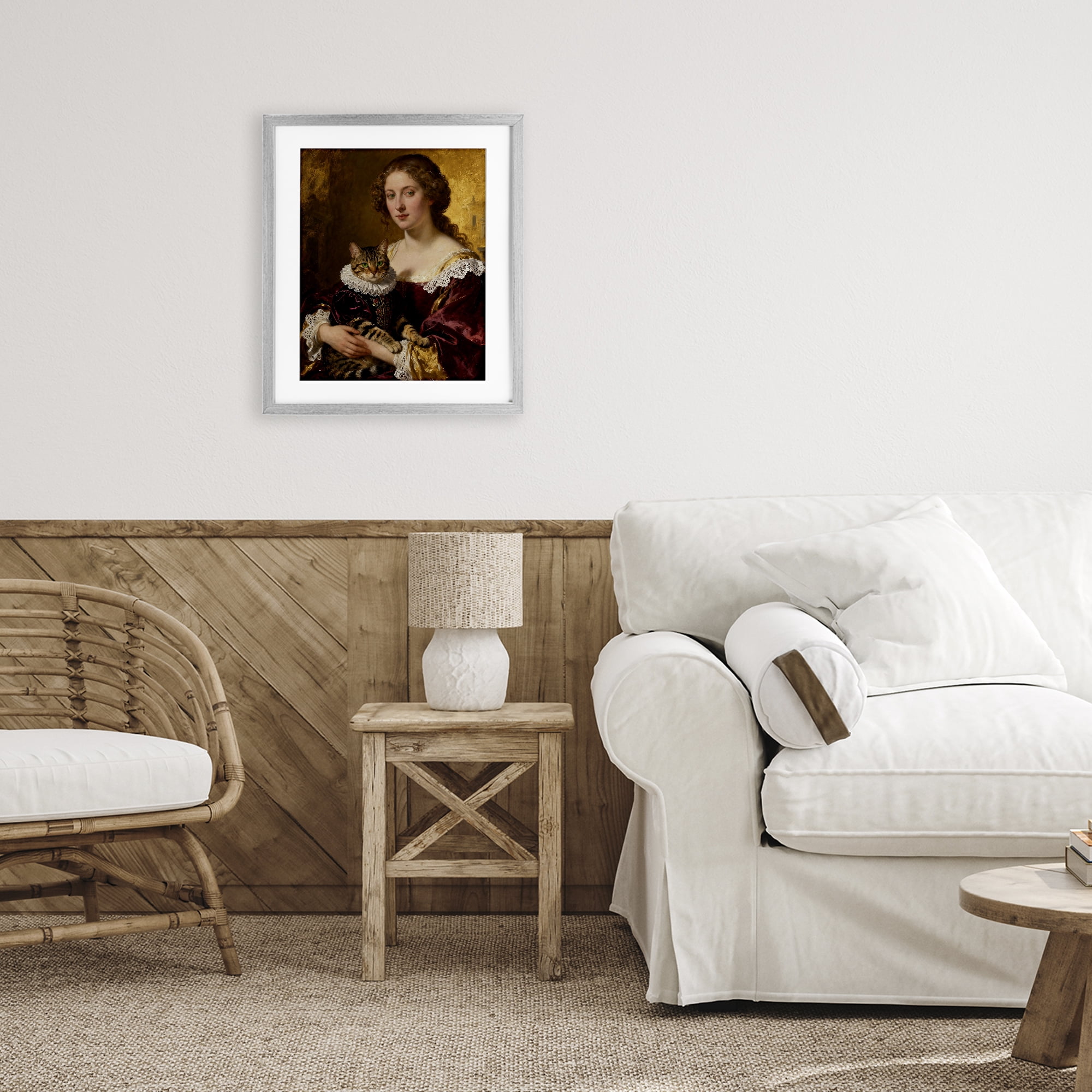 Stupell Industries Renaissance Lady with Regal Cat Gray Framed Print Under Glass, design by CAD Designs