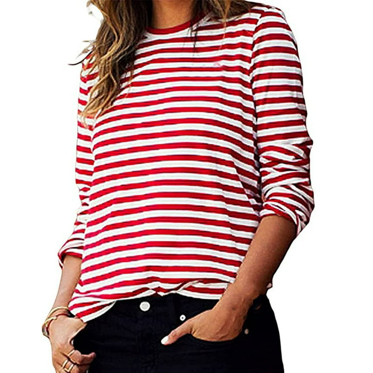Womens Plus Size Tops O-Neck Long Sleeve Striped Printing T Womens Plus Size Tops O-Neck Long Sleeve Striped Printing T