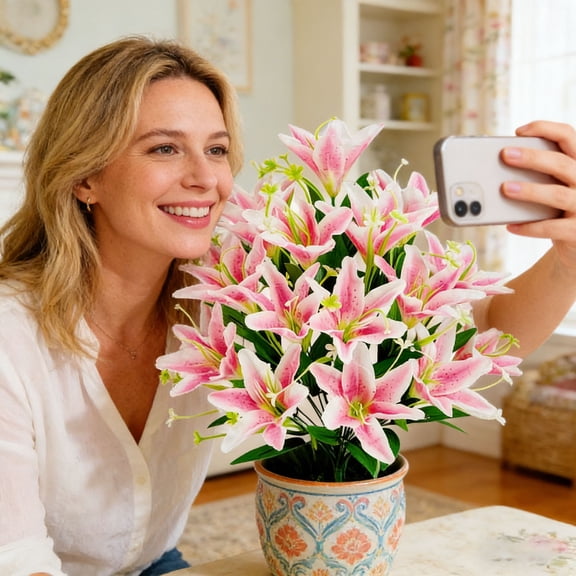 23 Inch Light Pink Lilies Artificial Flowers,Faux Lily Flowers,Long Stem Tiger Lily Branch With 3 Full Blooms And 4 Leaves, Latex Real Touch Lilium Flower 18 Head Exquisite Silk Artificial Flowers