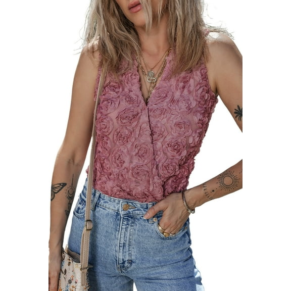 Women's Heather Floral Textured V Neck Sleeveless Bodysuit - Elegant and Chic - [ZhiHiMeRi] | (US 12-14)L