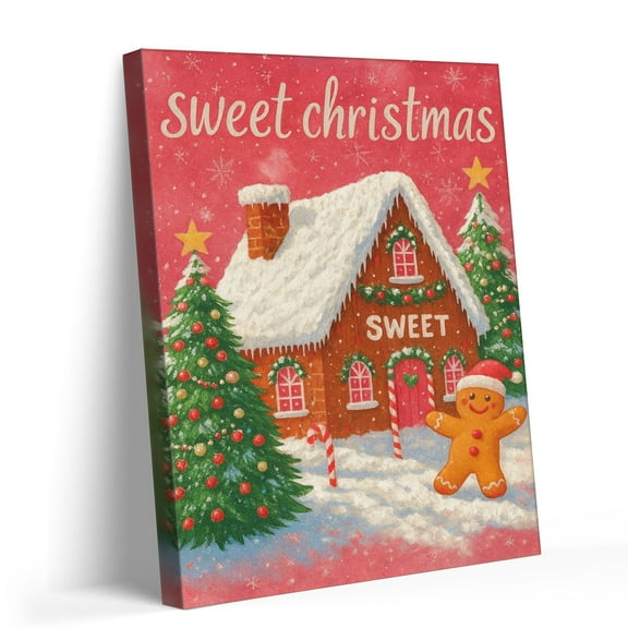 P&L Art Gingerbread House Christmas Canvas Wall Art, Sweet Holiday Decor with Gingerbread Man & Festive Trees, Framed Canvas Print