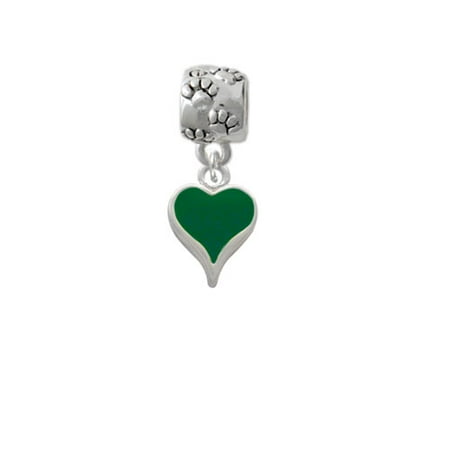 Silvertone Small Long Green Heart - Paw Print Charm Bead