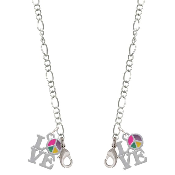 Silvertone Love with Multicolored Peace Sign Silvertone Face Mask Necklace
