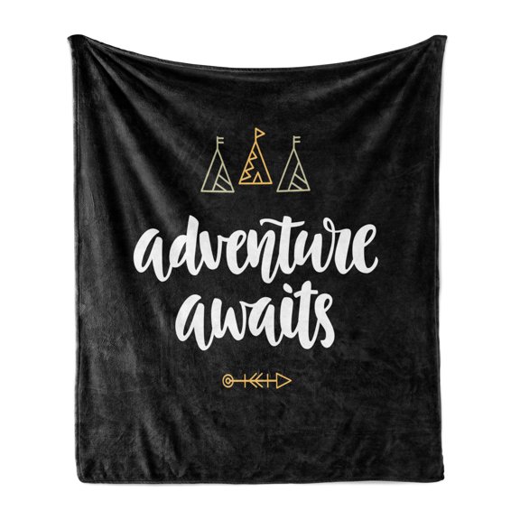 Saying Soft Flannel Fleece Blanket, Modern Calligraphy with Doodle Tents Tribal Elements Boho Adventure Theme, Cozy Plush for Indoor and Outdoor Use, 50" x 60", Pale Orange and White, by Ambesonne