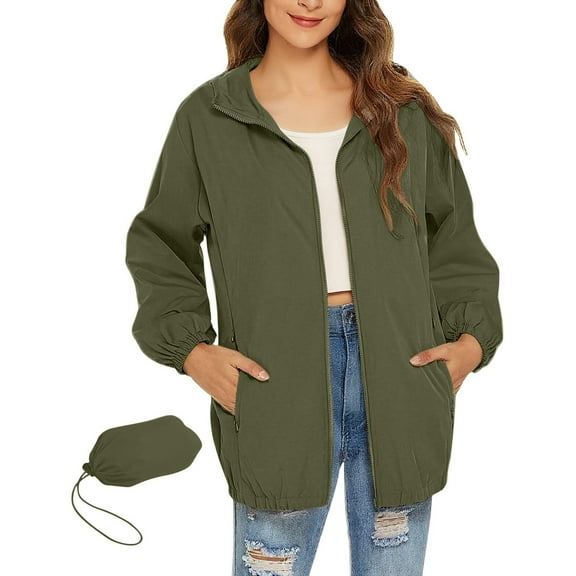 IROINNID Womens Fashion Solid Color Lightweight Waterproof Jacket Packable Raincoat Hooded Outdoor Windbreaker Casual Rain Jacket with Pockets for Travel Hiking(Green,2XL)