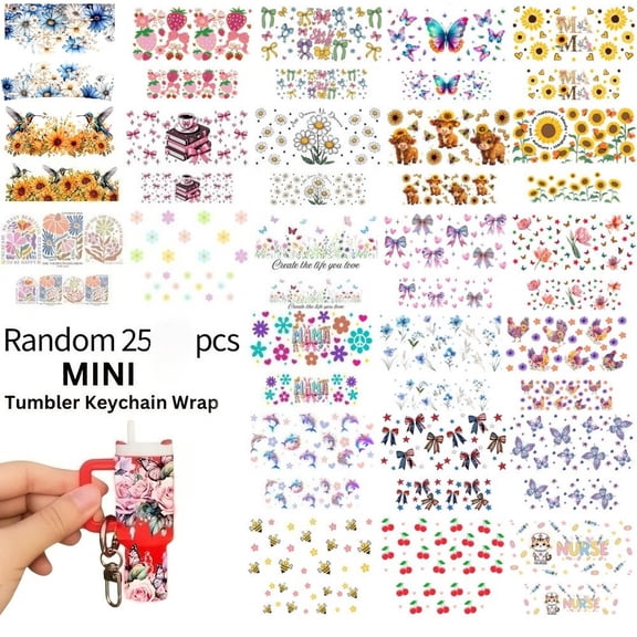 25pcs Mix Style UV DTF Mini Keychain Wraps, Waterproof Durable DIY Adopted