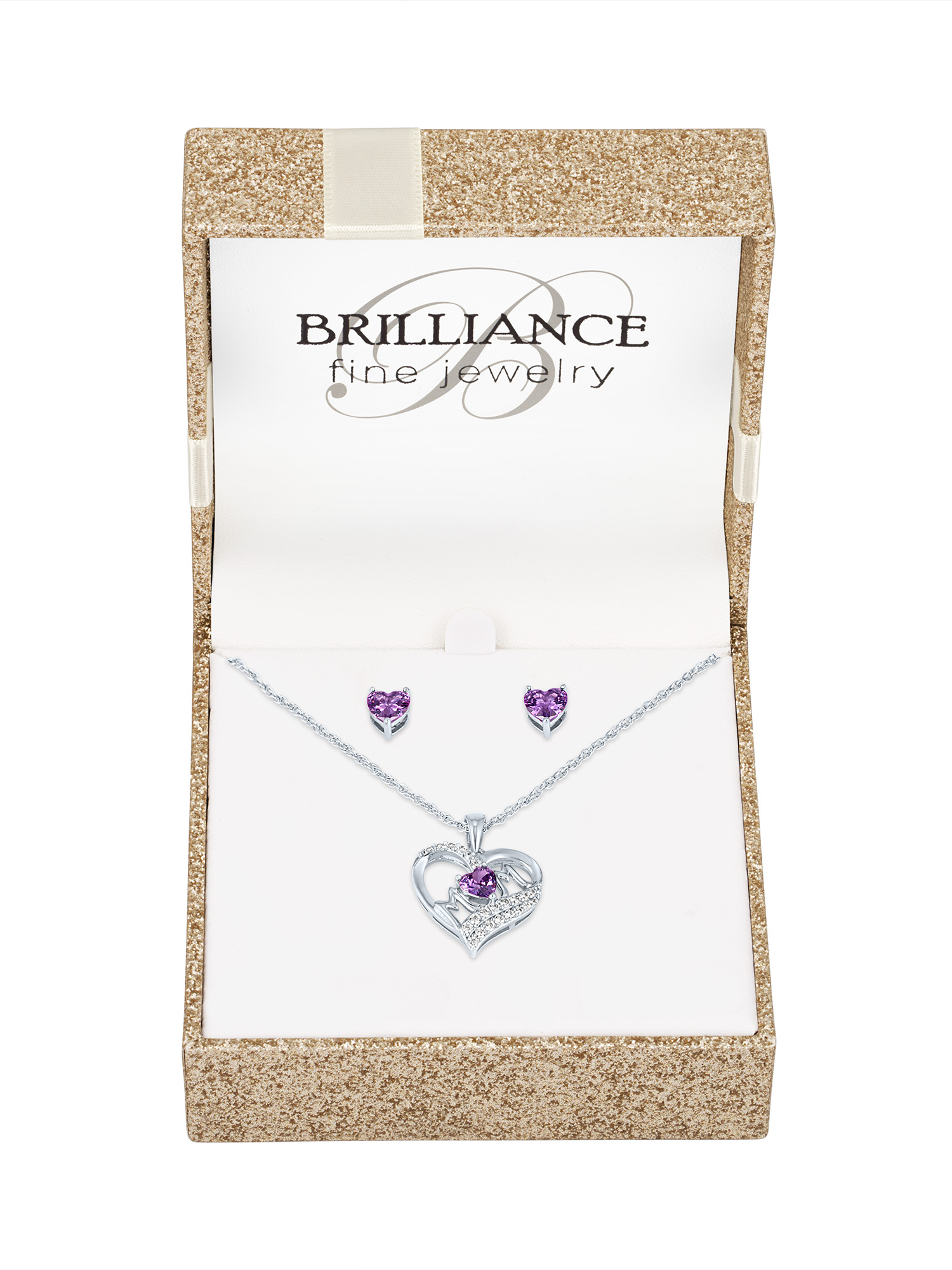 Ladies Brilliance Fine Jewelry Sterling Silver Plated Simulated Amethyst and CZ Mom Heart Pendant & Earring Set