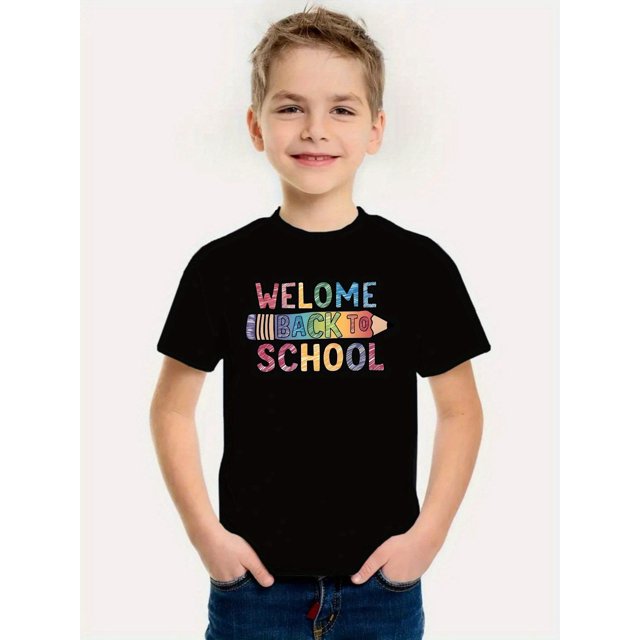 Boys' Back to School Graphic T-Shirt - Red Short Sleeve Tee with Pencil & Ruler Design, Casual Regular Fit for Spring/Summer, Back to School Clothes
