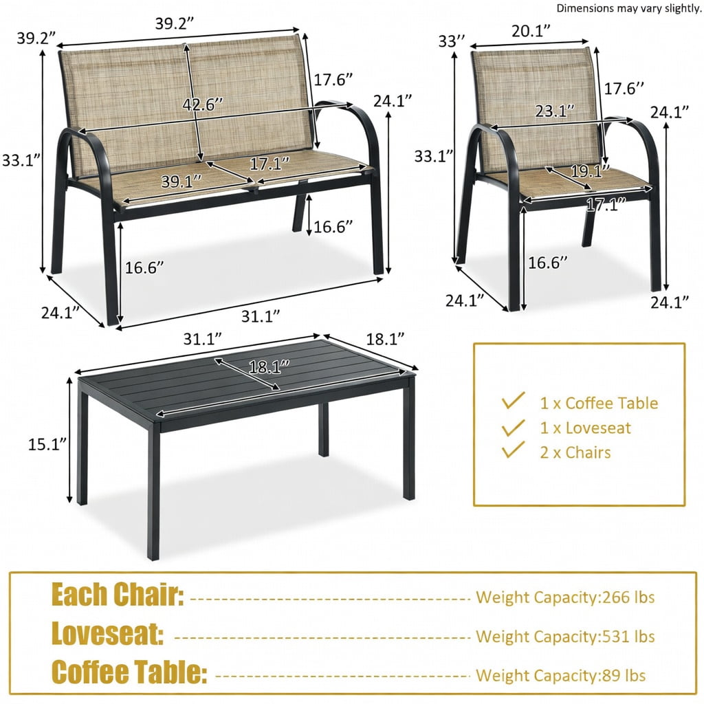 Hommoo 4-Piece Modern Outdoor Patio Furniture Set, Steel Frame Loveseat, 2 Single Sofas & Tempered Glass Top Coffee Table, Brown
