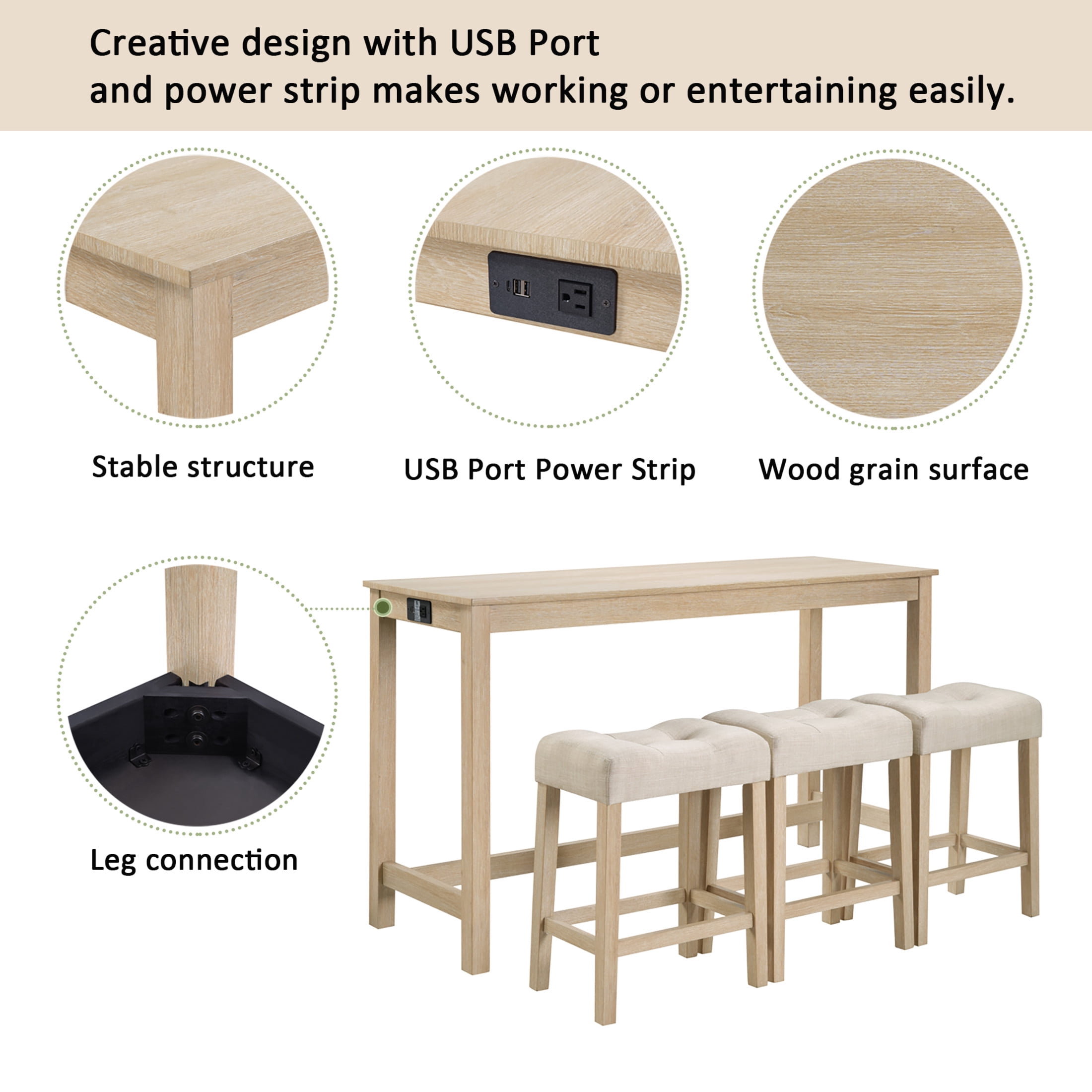Noble House 35.5"H Dining Bar Table Set with Power Outlet, Upholstered Counter Stools for 3, Light Oak Finish