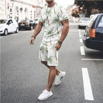 Edvintorg Summer Sets Men 2 Piece Outfits Hawaiian Print Short Sleeves Casual Beach Short Sleeve Round-Neck Shirts and Shorts Sets Men Clothing White XXXL