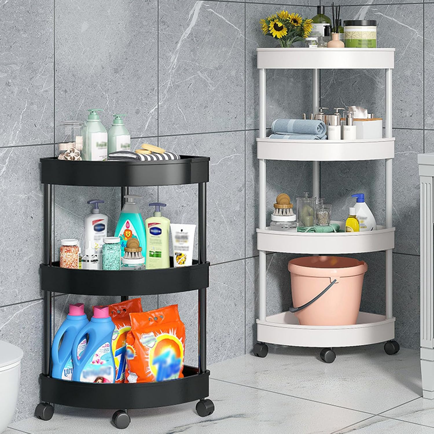 Kingfansion Four-Layer Movable Corner Rack, Plastic Bathroom Storage Shelf with Wheels, Waterproof Kitchen Organizer for Snacks/Toiletries