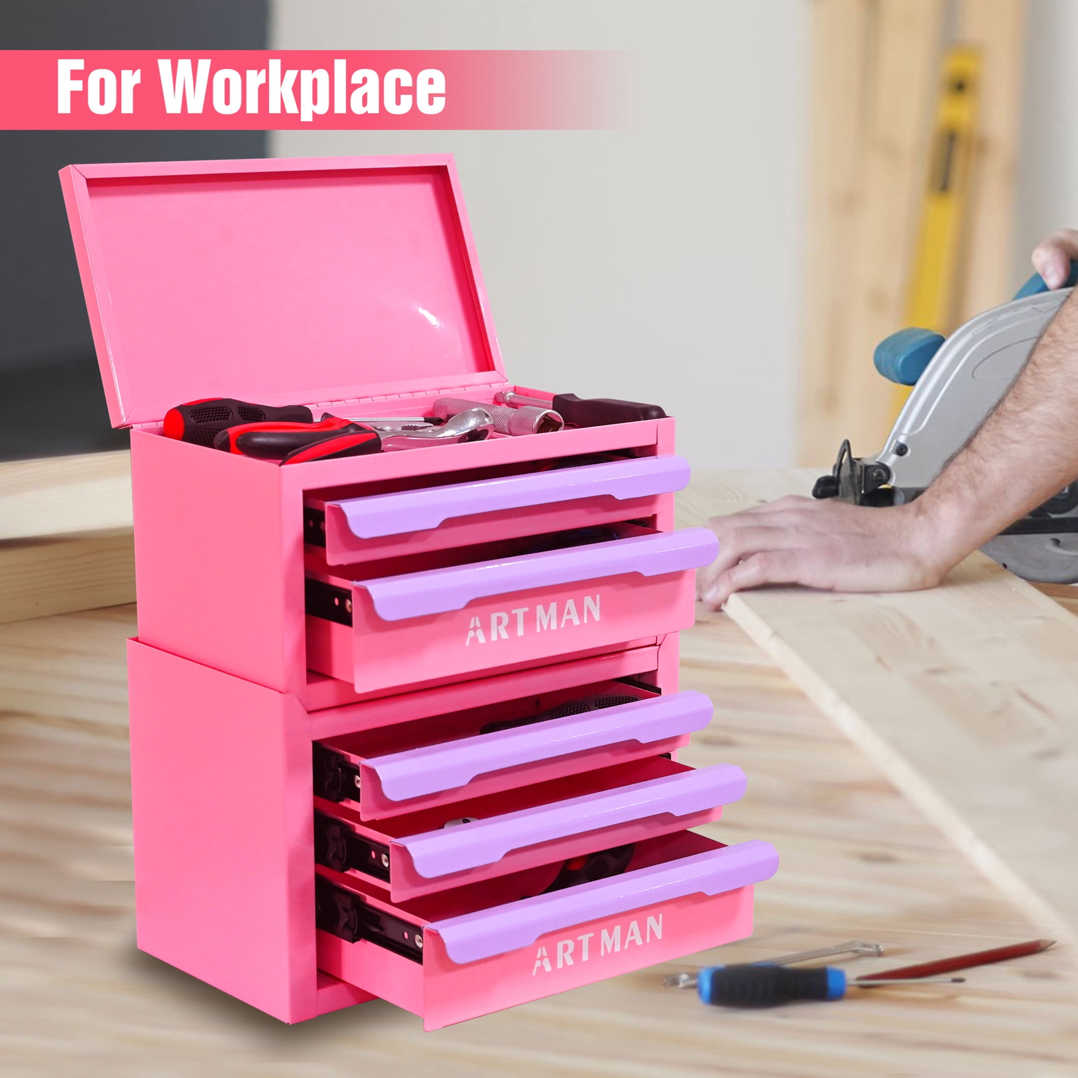 Noble House Carola Drawer-Style Desktop Storage Box, 5-Tier Stackable Steel Organizer Rack, Light Pink & Purple
