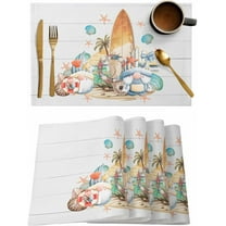 Summer Surfing Placemats Set of 6,Washable Woven Burlap Cloth Fabric Placemat for Square/Rectangle/Round/Oval Dining Table,Easy Clean Place Mats for Kids Ocean Shell Starfish Coconut Tree Gnomes