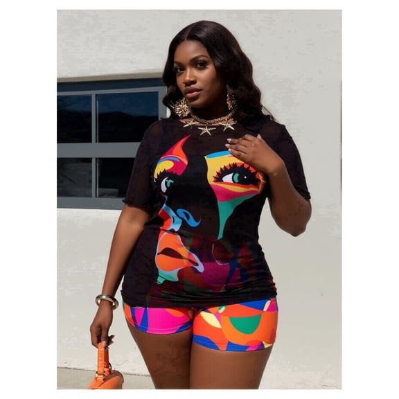 Women's 3 Piece Plus Size Swimsuit Tankini Shorts Set High Waisted Bathing Suit Graphic Beachwear with Mesh Cover Up