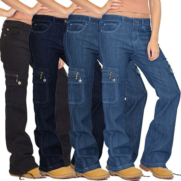 Women's Cargo Jeans, Straight Leg Utility Denim Pants with Zipper Pockets, Casual Workwear Style Jeans for Daily Wear and Outfits-Black