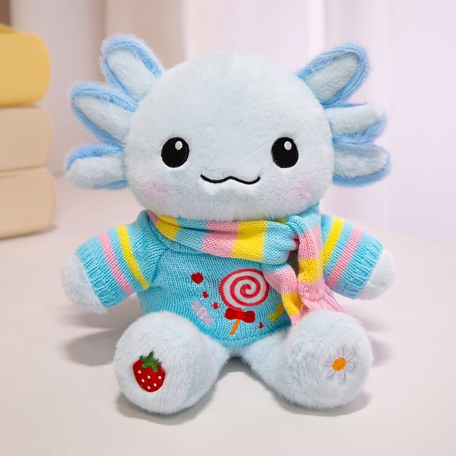 Peluche de ajolote,ajolote peluche 33 cm con ropa y 1 accesorio — set de 1 look (bolsita o bufanda), ajolote juguete suave y lavable, regalo para niñas y niños