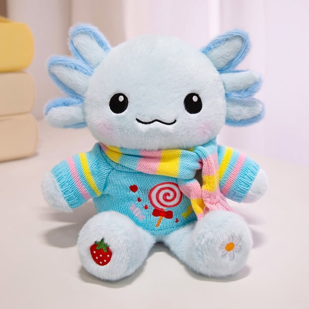 Peluche de ajolote,ajolote peluche 33 cm con ropa y 1 accesorio — set de 1 look (bolsita o bufanda), ajolote juguete suave y lavable, regalo para niñas y niños