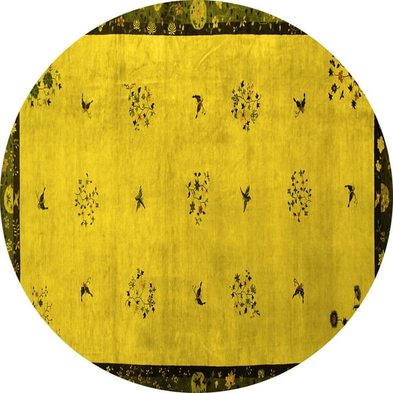 Ahgly Company Indoor Round Oriental Yellow Asian Inspired Area Rugs, 5' Round