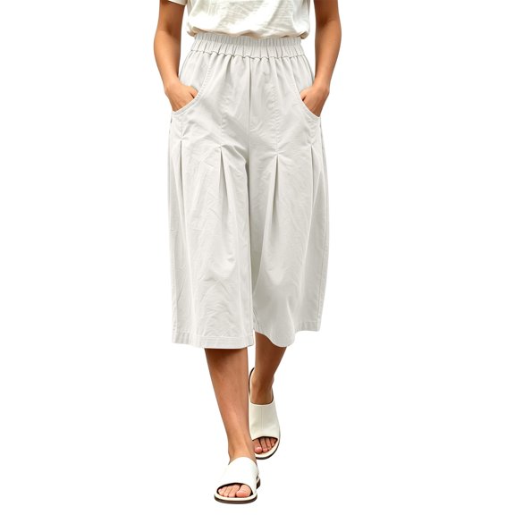 Karymi Jean Shorts Elastic High Waist Pleated Culottes, Casual Solid Cropped Capri Pants with Pockets, Wide Leg Calf-Length Trousers Wide Leg Pants Woman