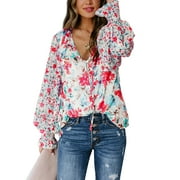 Asyoly Women's Casual Boho Floral Print Blouse V Neck Long Sleeve Drawstring Shirts Loose Tops
