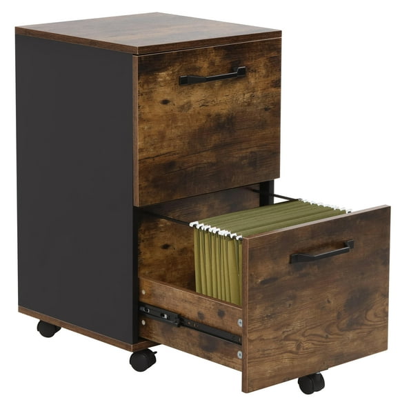 Classeur Mobile en Bois à 2 Tiroirs, Armoire de Classement de 27 Pouces de Profondeur pour Bureau à Domicile avec Dossiers Suspendus Amovibles pour Formats A4 et Lettre, Brun Rustique