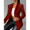 thumbnail image 3 of Women'S Business Blazer, Long Sleeve Open Front Suit Jacket, Rhinestone Button Down Coat, Office Work Wear Wine Red M, 3 of 5
