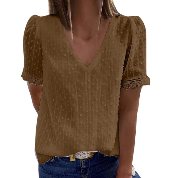 Seductiva Basic T Shirts for Women's V Neck Short Sleeve Lace Shirts Blouses Vintage Elegant Tunic Tops Comfy Casual Vacation Workout Clothes Summer Tops